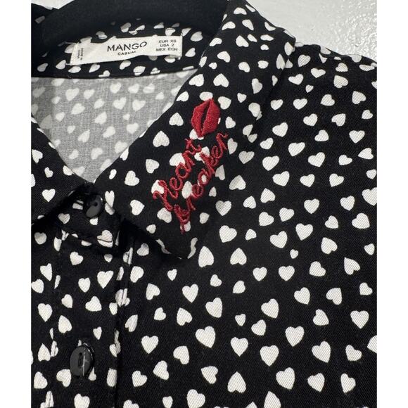 MANGO Heart Print Mini Dress Women’s Size 2 Embroidered Heart Breaker Buttons - Picture 2 of 8